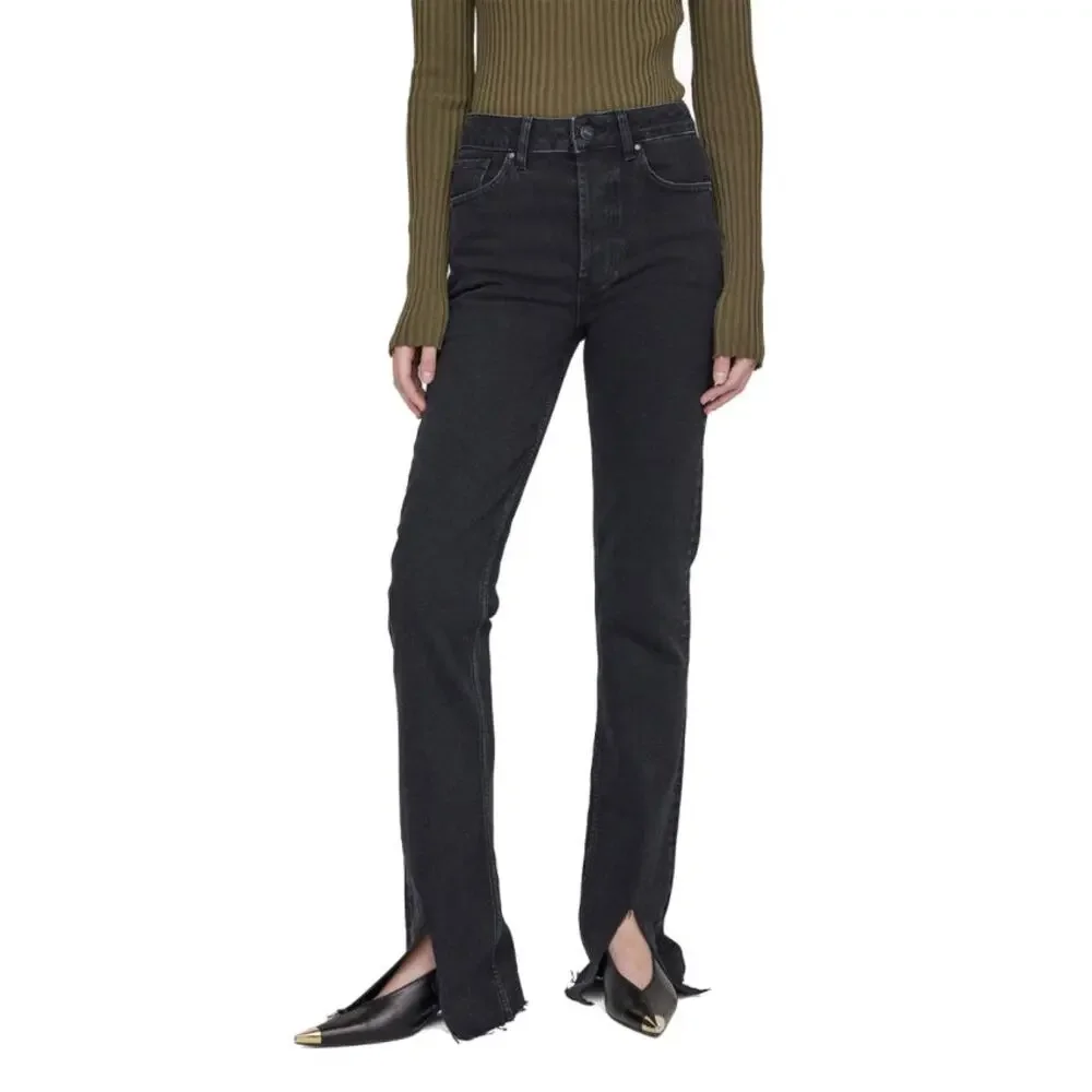 ANINE BING Roxanne Jean Black Tie Split Cuffs Raw Hems 32 Modern Chic Effortless